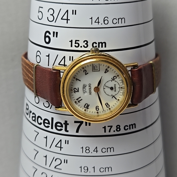 Womens Adolfo Watch Day Date Gold Brown Croc Band New Battery 227-70220 French - Picture 6 of 11